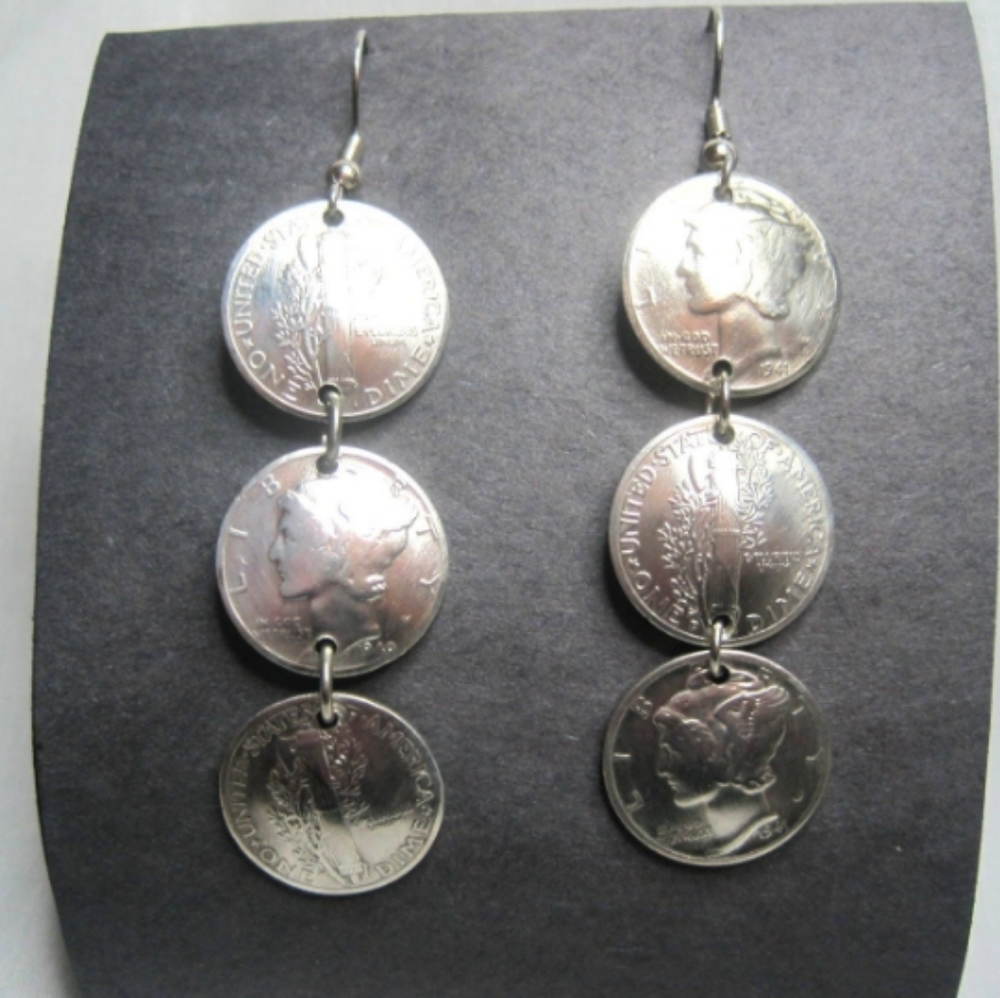 Vintage Domed 3 Mercury Dimes Tiered Cascade Drop Hook Earrings